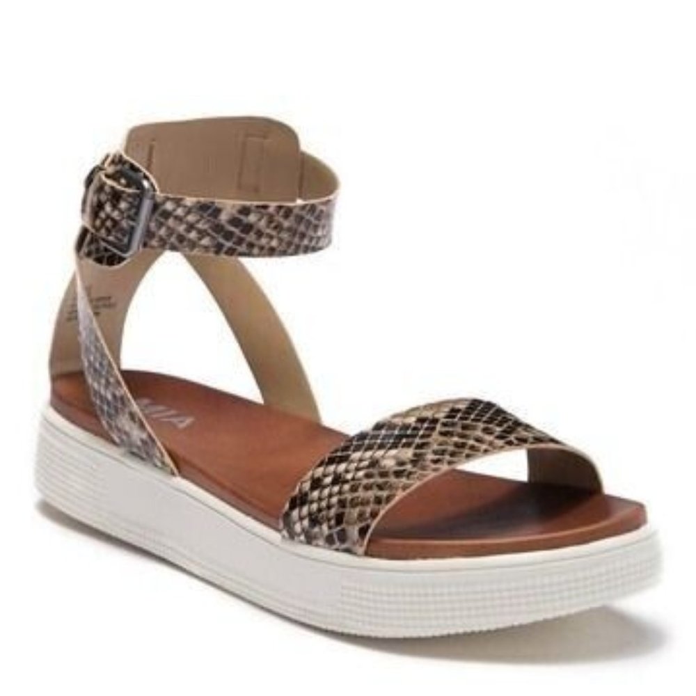 MIA WOMEN'S SIZE 6.5 BROWN SNAKE EMBOSSED "KATHERYN" PLATFORM SANDALS